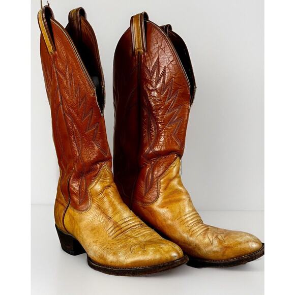VTG Sanders Men’s Handmade WESTERN Cowboy BOOTS 8D Mexico Light Brown Leather - Picture 1 of 13